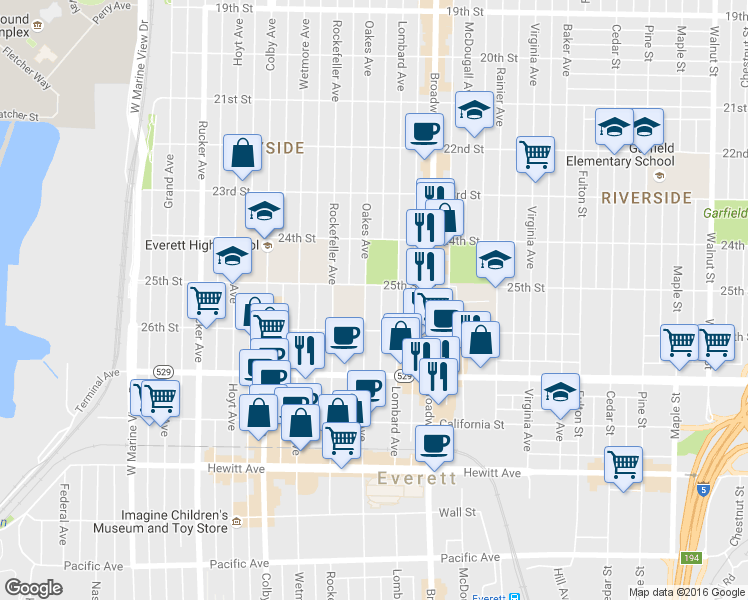 map of restaurants, bars, coffee shops, grocery stores, and more near 2530 Lombard Avenue in Everett
