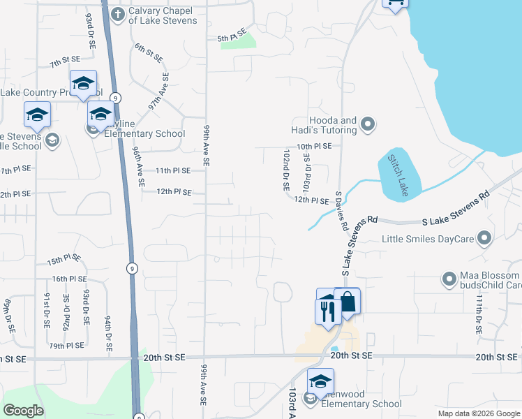 map of restaurants, bars, coffee shops, grocery stores, and more near 10117 13th Street Southeast in Lake Stevens