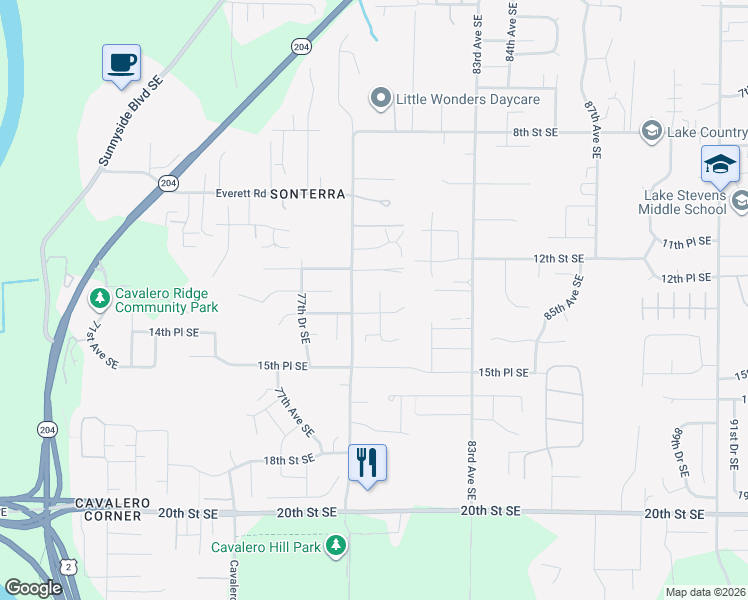 map of restaurants, bars, coffee shops, grocery stores, and more near 1312 80th Avenue Southeast in Lake Stevens