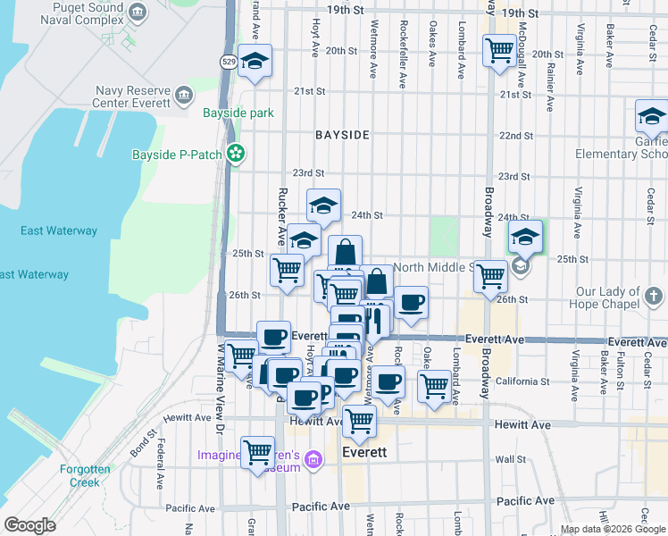 map of restaurants, bars, coffee shops, grocery stores, and more near 2531 Hoyt Avenue in Everett
