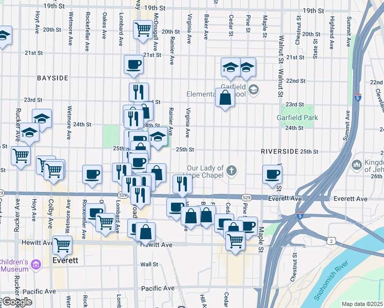 map of restaurants, bars, coffee shops, grocery stores, and more near 2524 Virginia Avenue in Everett