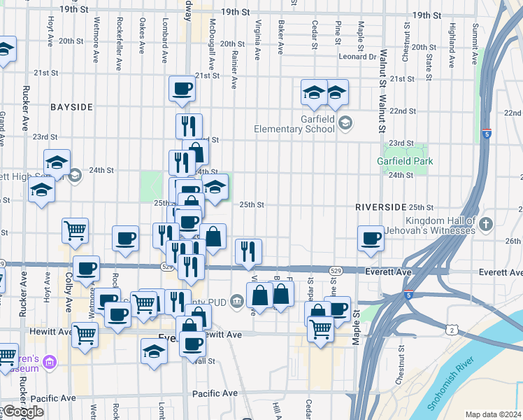 map of restaurants, bars, coffee shops, grocery stores, and more near 2501 Virginia Avenue in Everett