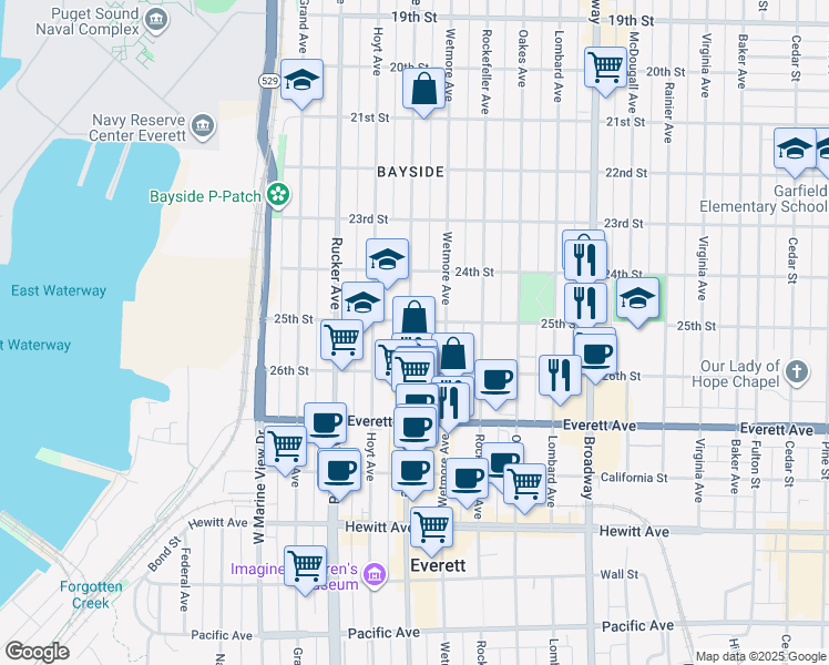 map of restaurants, bars, coffee shops, grocery stores, and more near in Everett