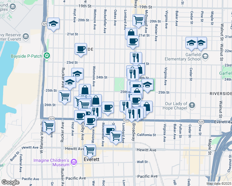 map of restaurants, bars, coffee shops, grocery stores, and more near 2400 Lombard Avenue in Everett