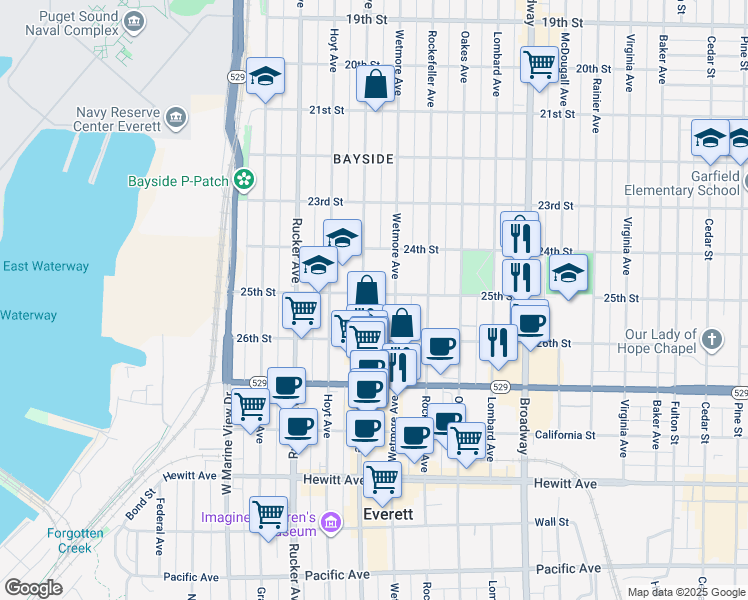 map of restaurants, bars, coffee shops, grocery stores, and more near in Everett