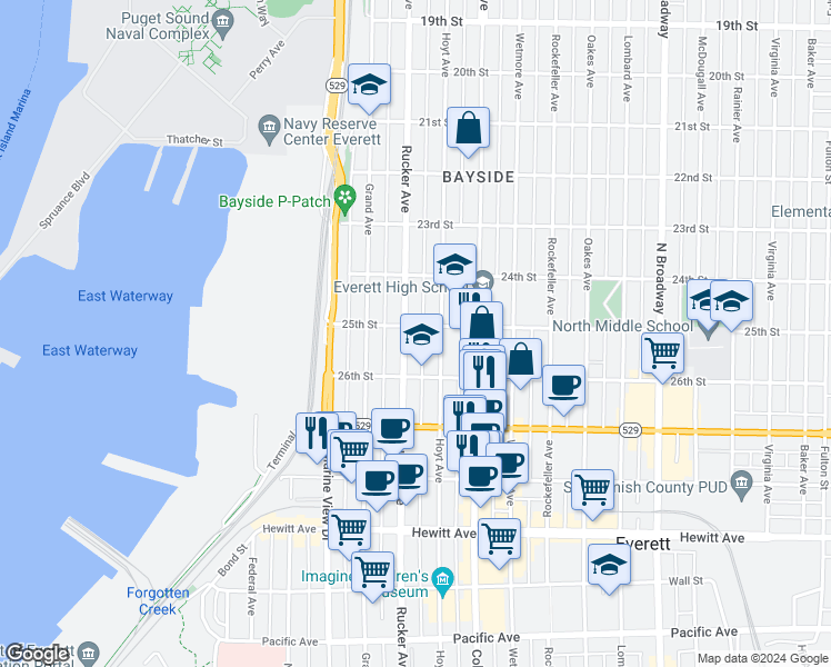 map of restaurants, bars, coffee shops, grocery stores, and more near 2431 Rucker Avenue in Everett
