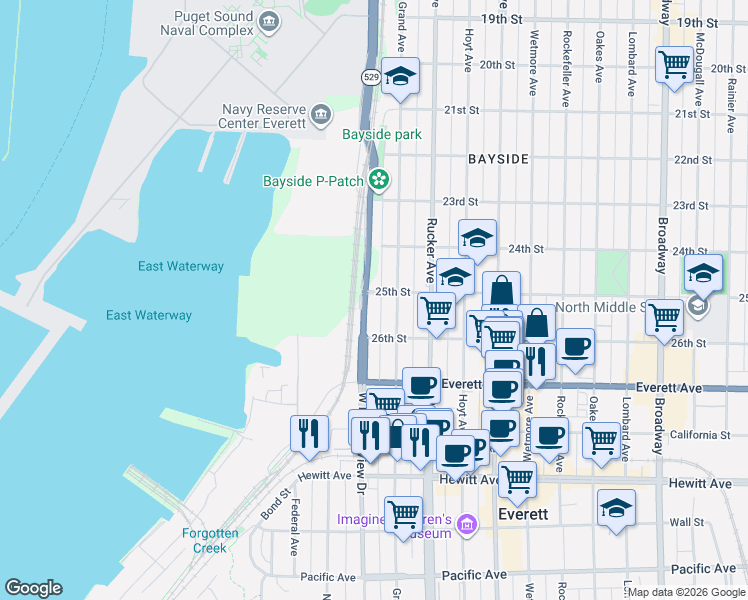 map of restaurants, bars, coffee shops, grocery stores, and more near 2426 Grand Avenue in Everett