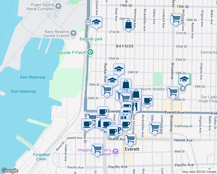 map of restaurants, bars, coffee shops, grocery stores, and more near 2501 Rucker Avenue in Everett