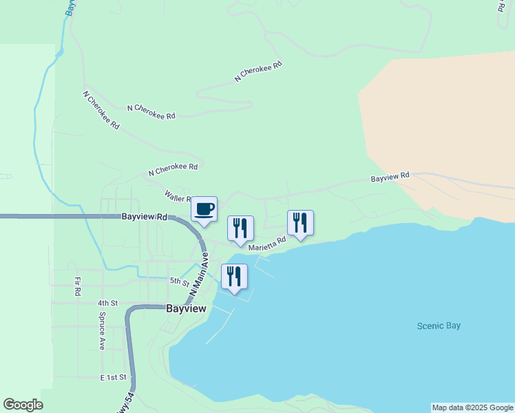 map of restaurants, bars, coffee shops, grocery stores, and more near 16990 East Cape Horn Road in Bayview