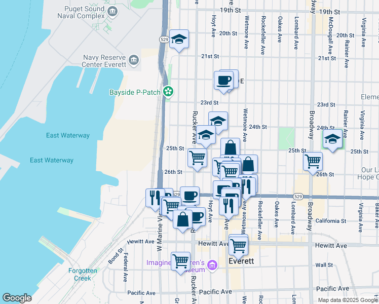 map of restaurants, bars, coffee shops, grocery stores, and more near 1303 25th Street in Everett