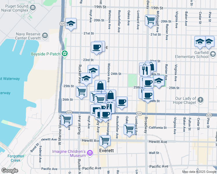 map of restaurants, bars, coffee shops, grocery stores, and more near Wetmore Avenue & 25th Street in Everett
