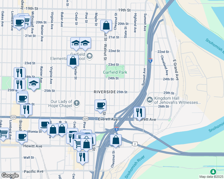 map of restaurants, bars, coffee shops, grocery stores, and more near 2418 Chestnut Street in Everett