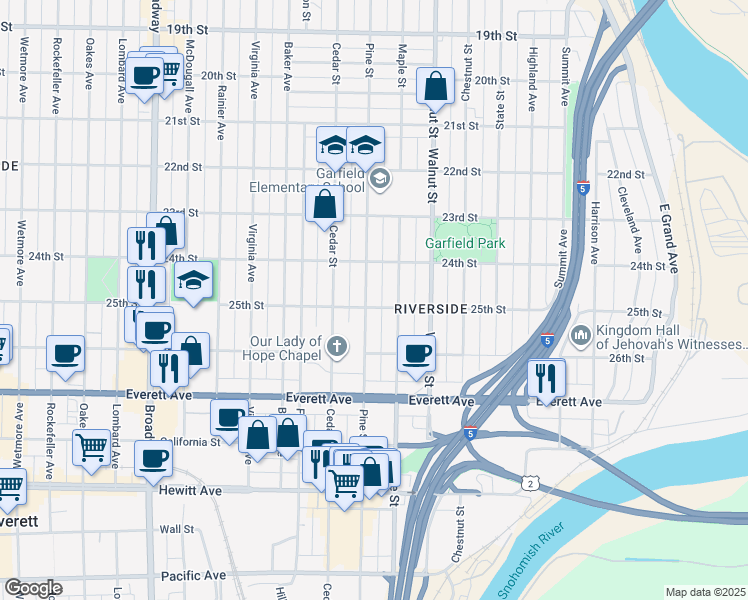 map of restaurants, bars, coffee shops, grocery stores, and more near 2418 Maple Street in Everett