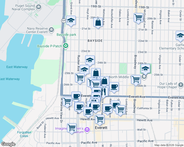 map of restaurants, bars, coffee shops, grocery stores, and more near 2416 Colby Avenue in Everett