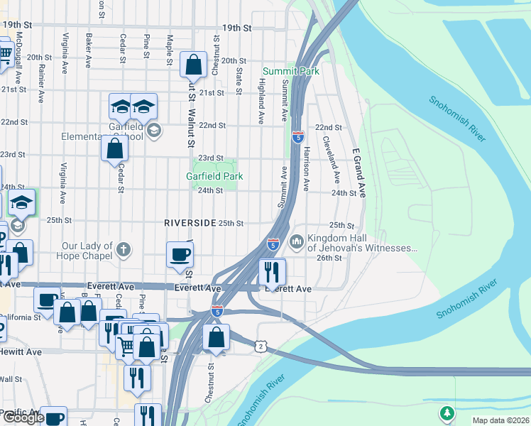 map of restaurants, bars, coffee shops, grocery stores, and more near 2423 Highland Avenue in Everett