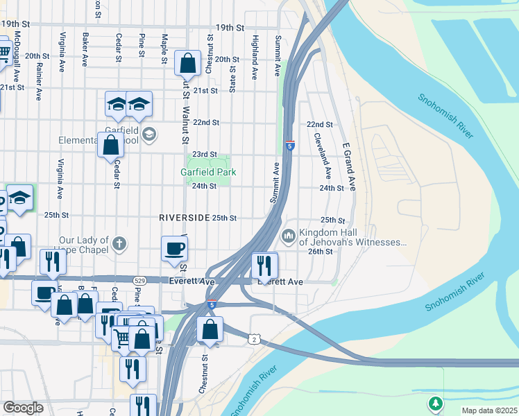 map of restaurants, bars, coffee shops, grocery stores, and more near 2423 Highland Avenue in Everett