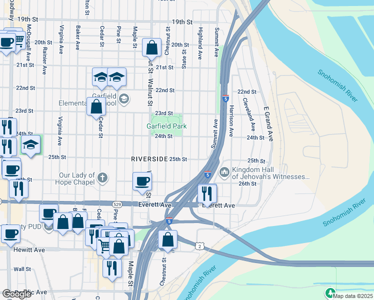 map of restaurants, bars, coffee shops, grocery stores, and more near 2419 State Street in Everett