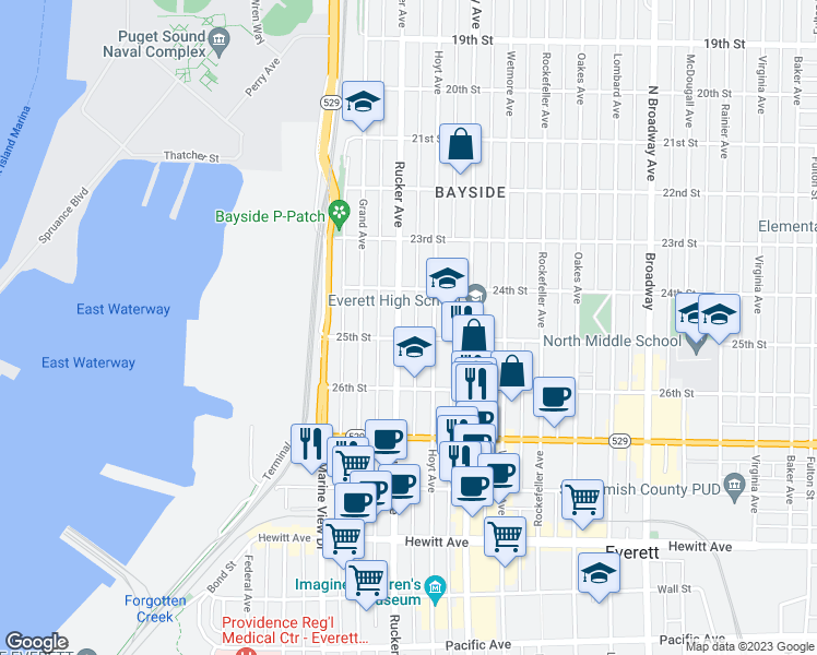 map of restaurants, bars, coffee shops, grocery stores, and more near 2431 Rucker Ave in Everett