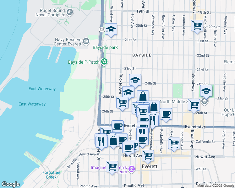 map of restaurants, bars, coffee shops, grocery stores, and more near 1303 25th Street in Everett