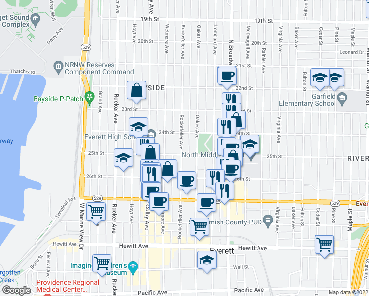 map of restaurants, bars, coffee shops, grocery stores, and more near 2425 Rockefeller Avenue in Everett