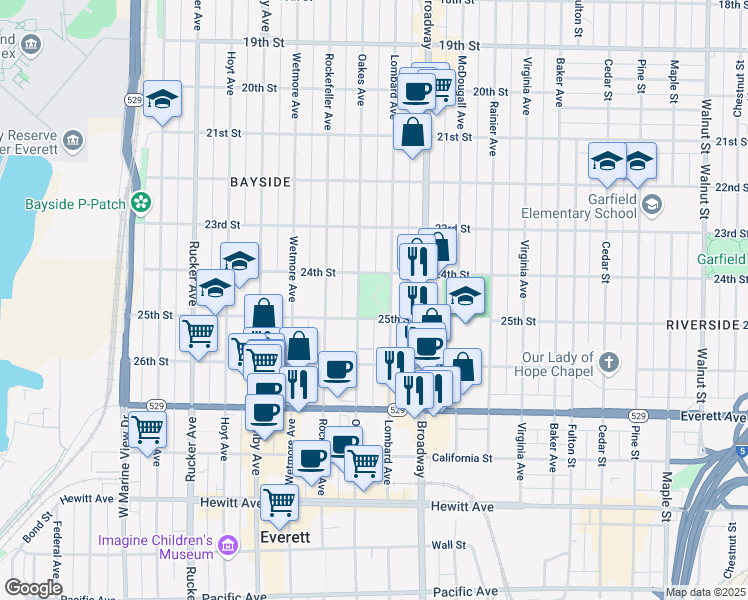 map of restaurants, bars, coffee shops, grocery stores, and more near 2400 Lombard Avenue in Everett