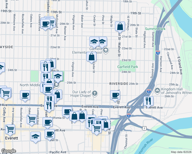 map of restaurants, bars, coffee shops, grocery stores, and more near 2425 Cedar Street in Everett