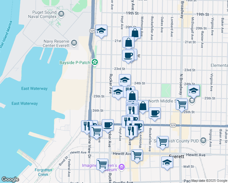map of restaurants, bars, coffee shops, grocery stores, and more near 2431 Rucker Avenue in Everett