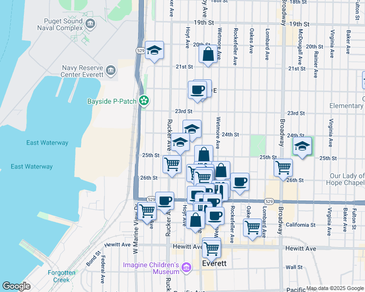 map of restaurants, bars, coffee shops, grocery stores, and more near 2418 Hoyt Avenue in Everett