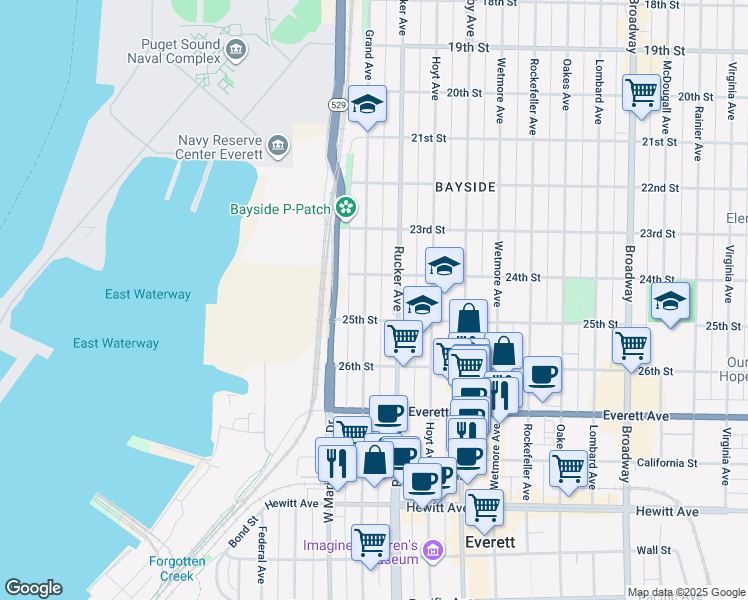 map of restaurants, bars, coffee shops, grocery stores, and more near 1303 25th Street in Everett