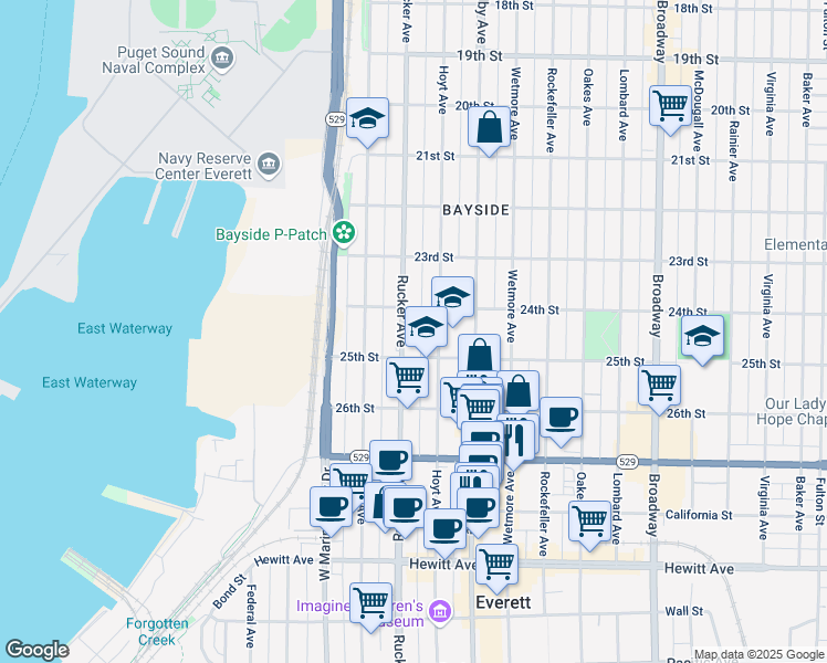 map of restaurants, bars, coffee shops, grocery stores, and more near 2431 Rucker Avenue in Everett