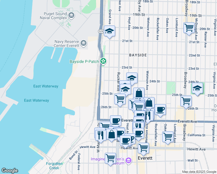 map of restaurants, bars, coffee shops, grocery stores, and more near 1303 25th Street in Everett