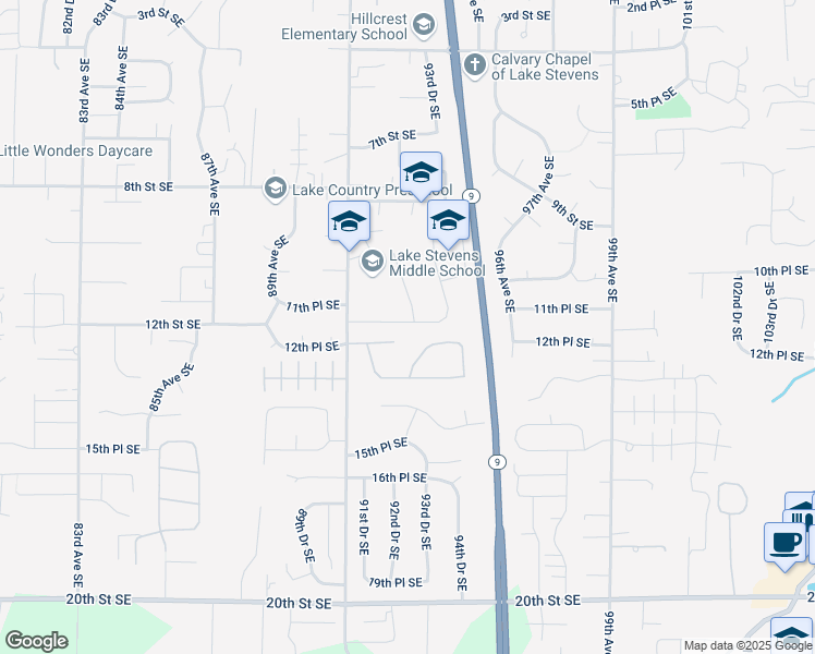 map of restaurants, bars, coffee shops, grocery stores, and more near 1305 93rd Avenue Southeast in Lake Stevens