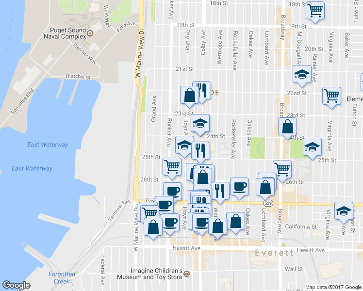 map of restaurants, bars, coffee shops, grocery stores, and more near 2416 Colby Avenue in Everett
