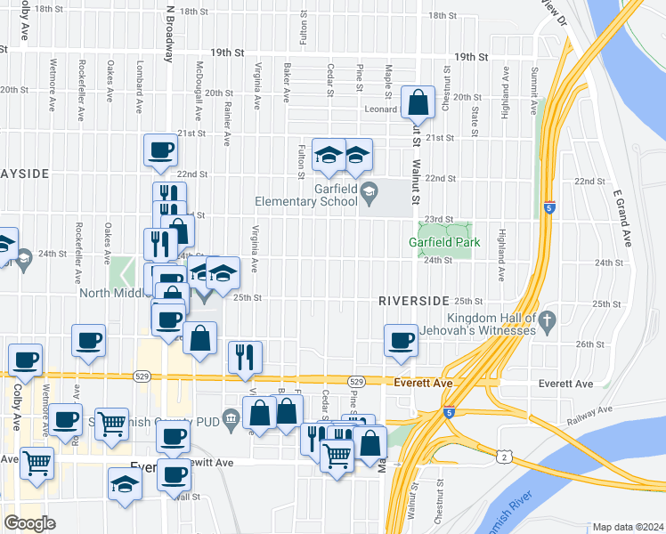 map of restaurants, bars, coffee shops, grocery stores, and more near 2405 Cedar Street in Everett