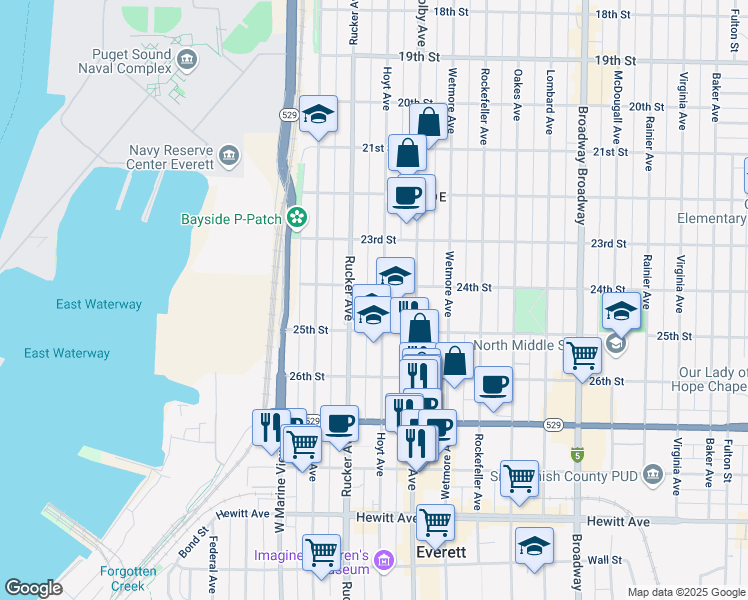 map of restaurants, bars, coffee shops, grocery stores, and more near 2431 Rucker Avenue in Everett