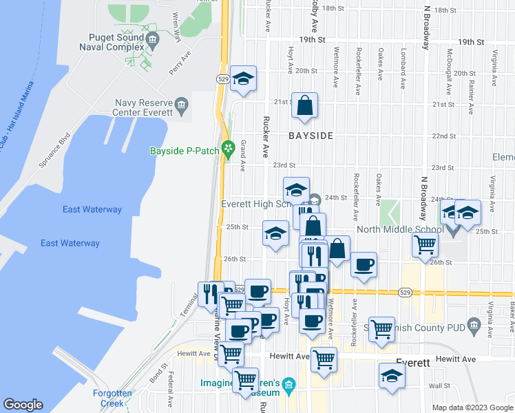 map of restaurants, bars, coffee shops, grocery stores, and more near 1303 25th Street in Everett