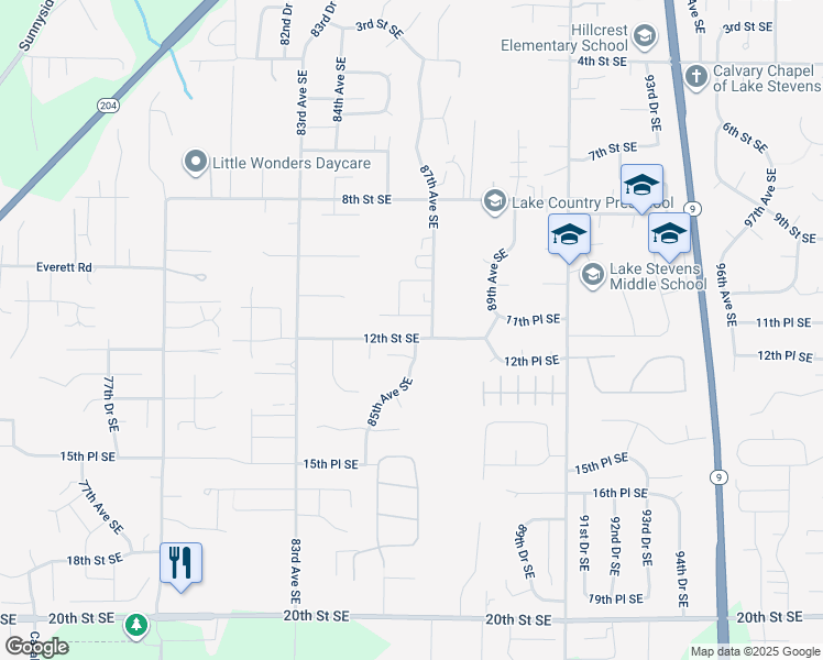 map of restaurants, bars, coffee shops, grocery stores, and more near 8615 12th Street Southeast in Lake Stevens
