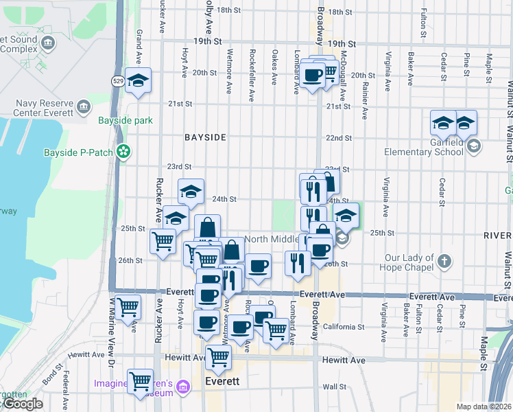 map of restaurants, bars, coffee shops, grocery stores, and more near 2425 Rockefeller Avenue in Everett