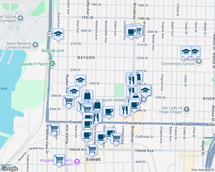 map of restaurants, bars, coffee shops, grocery stores, and more near 2425 Rockefeller Avenue in Everett