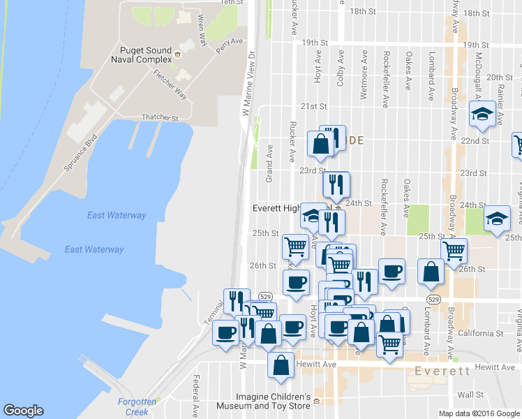 map of restaurants, bars, coffee shops, grocery stores, and more near 1303 25th Street in Everett