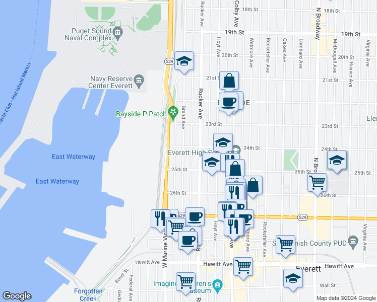 map of restaurants, bars, coffee shops, grocery stores, and more near 1303 25th Street in Everett