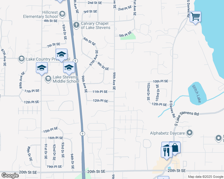 map of restaurants, bars, coffee shops, grocery stores, and more near 1023 99th Avenue Southeast in Lake Stevens