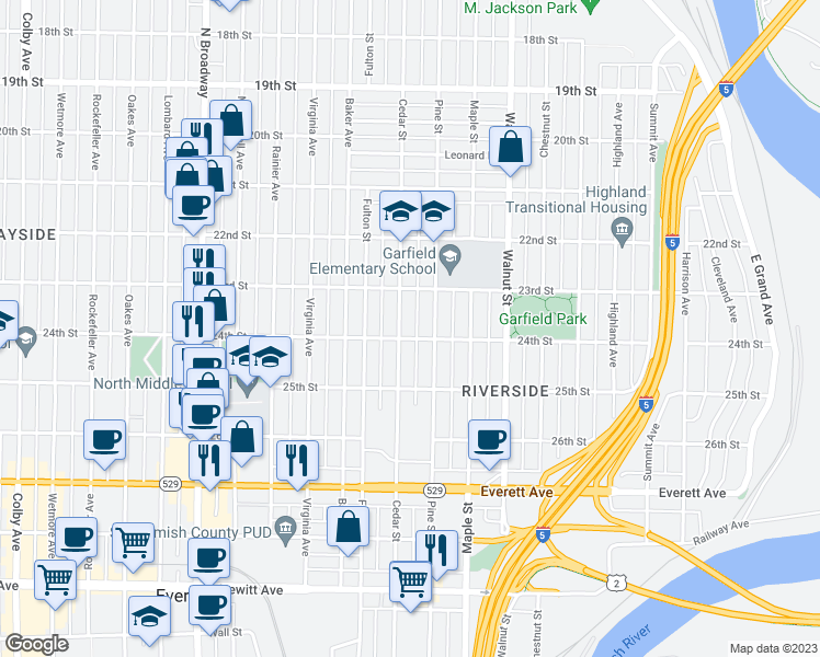 map of restaurants, bars, coffee shops, grocery stores, and more near 2313 Cedar Street in Everett