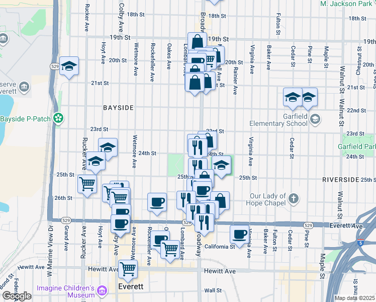map of restaurants, bars, coffee shops, grocery stores, and more near 2318 Broadway in Everett