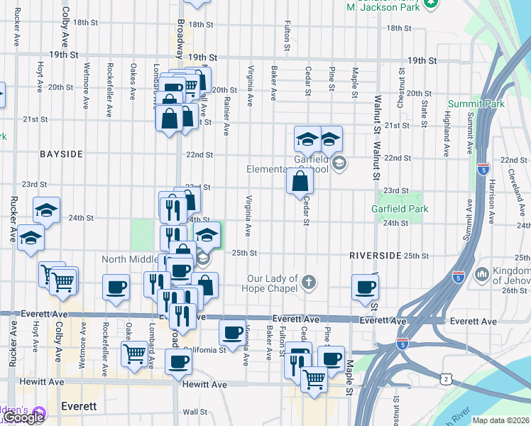 map of restaurants, bars, coffee shops, grocery stores, and more near 2314 Baker Avenue in Everett