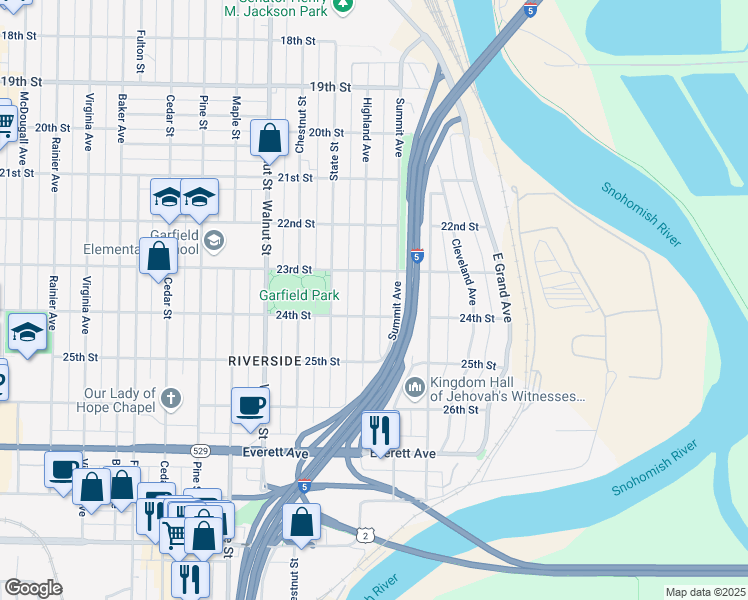 map of restaurants, bars, coffee shops, grocery stores, and more near 2312 Highland Avenue in Everett