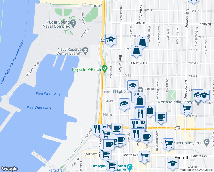 map of restaurants, bars, coffee shops, grocery stores, and more near 1215 24th Street in Everett