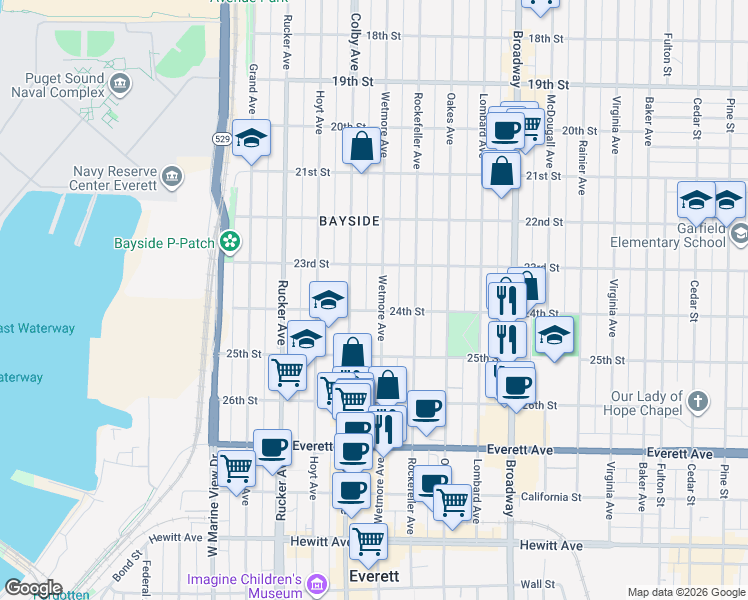 map of restaurants, bars, coffee shops, grocery stores, and more near 2319 Colby Avenue in Everett