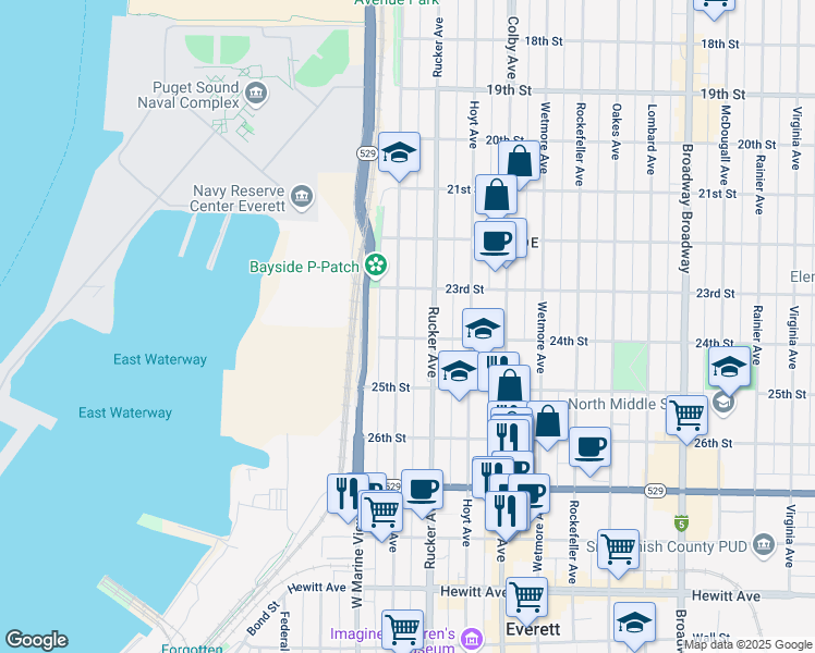 map of restaurants, bars, coffee shops, grocery stores, and more near 2325 Grand Avenue in Everett