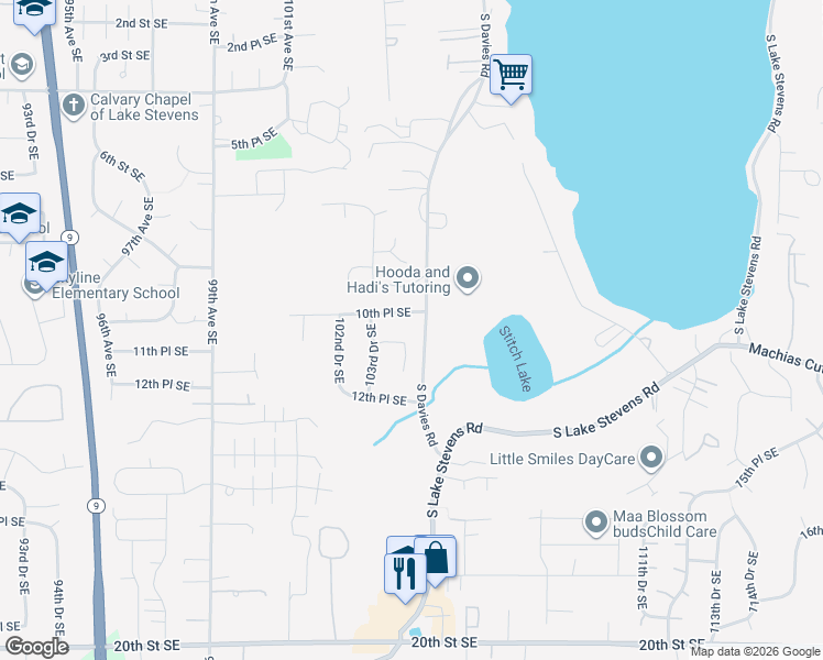 map of restaurants, bars, coffee shops, grocery stores, and more near 10412 10th Place Southeast in Lake Stevens
